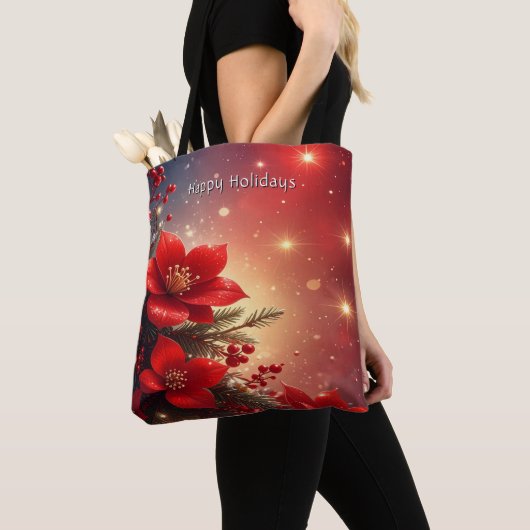 Red Christmas Floral Holiday Tote Bag トートバッグ (クローズアップ)