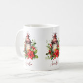 Red Christmas Lantern Poinsettia and Pine コーヒーマグカップ (正面左)