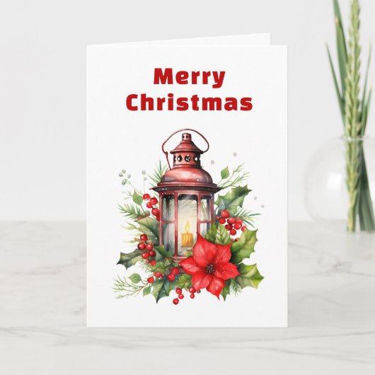 Red Christmas Lantern Poinsettia and Pine シーズンカード (正面)