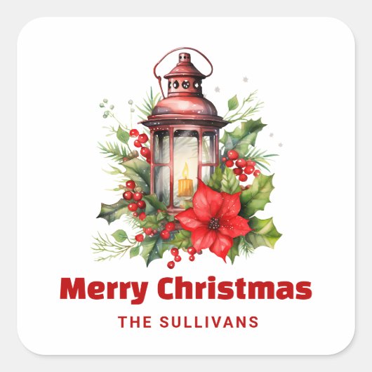 Red Christmas Lantern Poinsettia and Pine スクエアシール (正面)