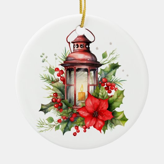 Red Christmas Lantern Poinsettia and Pine セラミックオーナメント (正面)