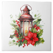 Red Christmas Lantern Poinsettia and Pine タイル (正面)