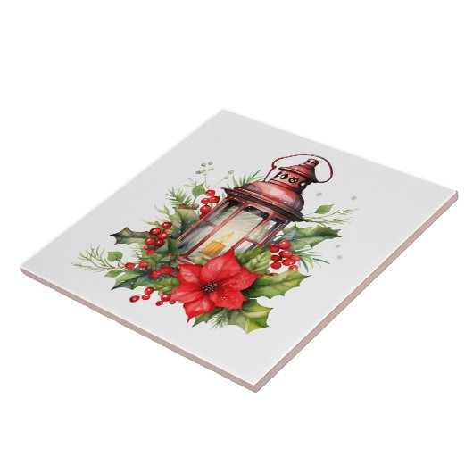 Red Christmas Lantern Poinsettia and Pine タイル (側面)