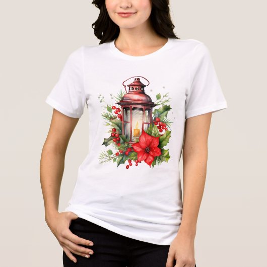 Red Christmas Lantern Poinsettia and Pine トライブレンドTシャツ (正面)