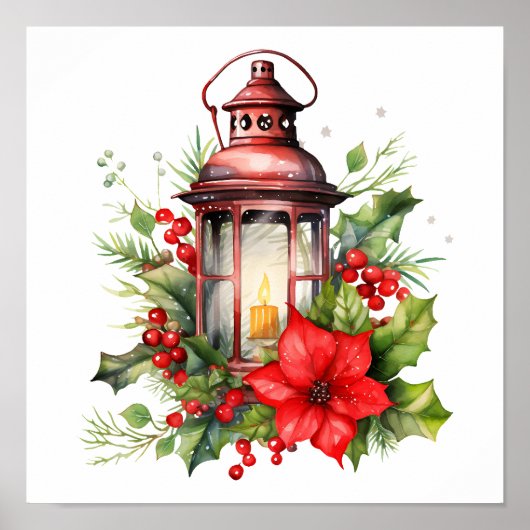 Red Christmas Lantern Poinsettia and Pine ポスター (正面)