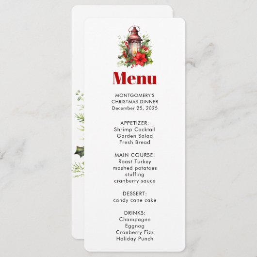 Red Christmas Lantern Poinsettia and Pine Menu 招待状 (正面/裏面)