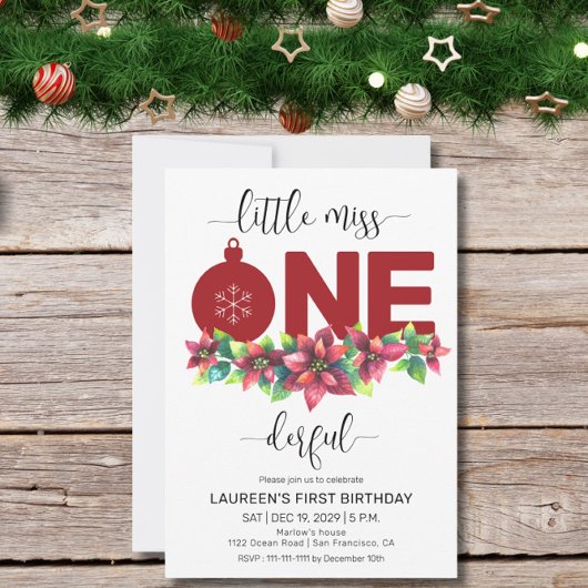 Red Christmas Little MIss 1st Birthday Invitation 招待状
