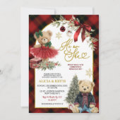 Red Christmas Luxury Bear Gender Reveal 招待状 (正面)