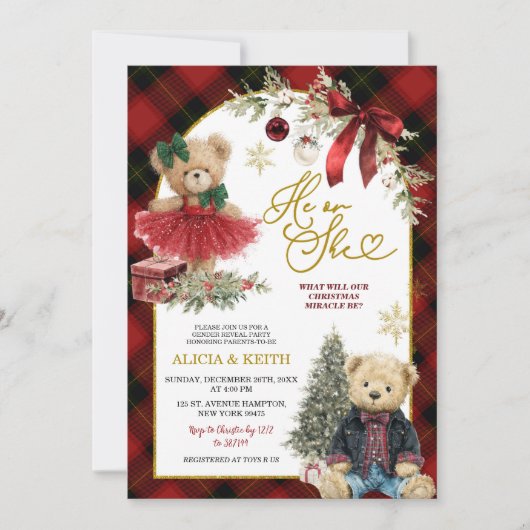 Red Christmas Luxury Bear Gender Reveal 招待状 (正面)