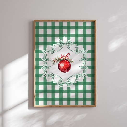 Red Christmas Ornament Green Gingham Holiday ポスター