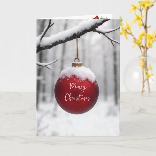 Red Christmas Ornament On Snowy Branch カード (黄色い花)