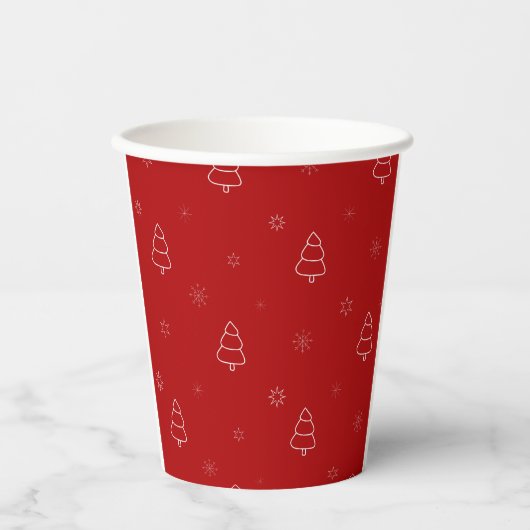 Red Christmas Pattern.Festive Trees and Snowflakes 紙コップ (正面)