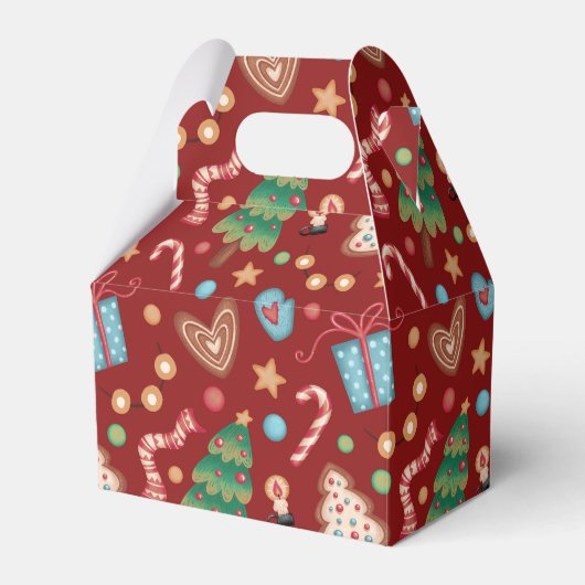 Red Christmas Pattern Gabled Party Favor Gift Box フェイバーボックス (正面サイド)