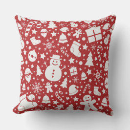 Red Christmas Pillow with Holiday Symbols クッション