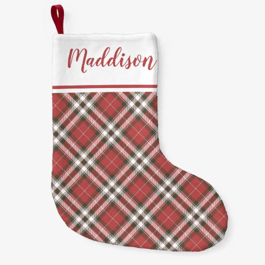 Red Christmas plaid pattern personalized name  スモールクリスマスストッキング (正面)