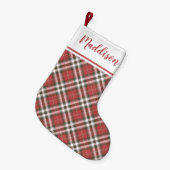 Red Christmas plaid pattern personalized name  スモールクリスマスストッキング (正面 (吊り時))