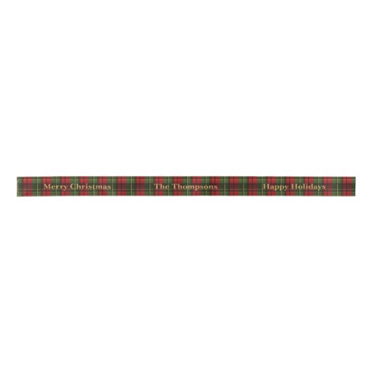 Red Christmas Plaid With Custom Text Festive サテンリボン (正面)