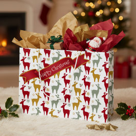Red Christmas Reindeer Pattern#12 ID1009 ラージペーパーバッグ