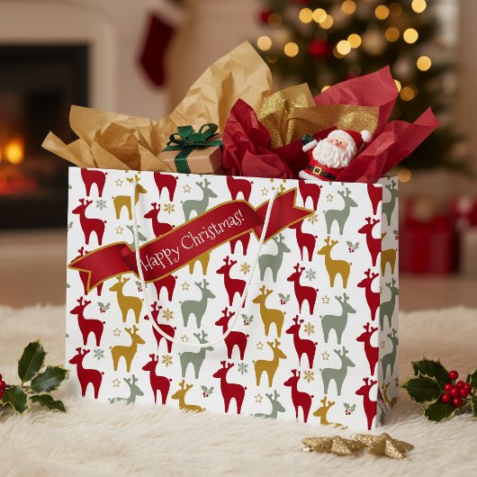 Red Christmas Reindeer Pattern#12 ID1009 ラージペーパーバッグ