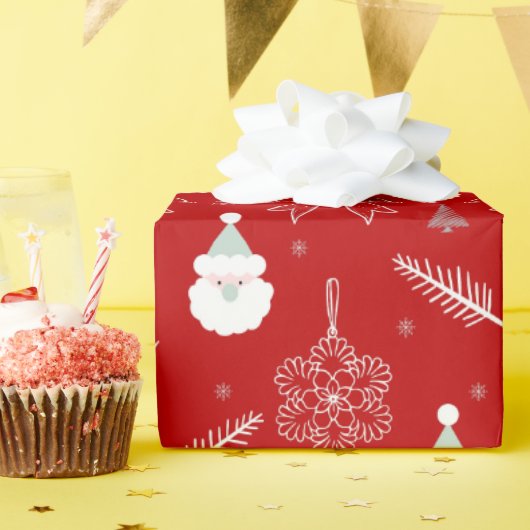 Red Christmas – Santa & Snowflake Pattern ラッピングペーパー (誕生日パーティー)