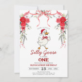 Red Christmas Silly Goose Girl 1st Birthday 招待状 (正面)
