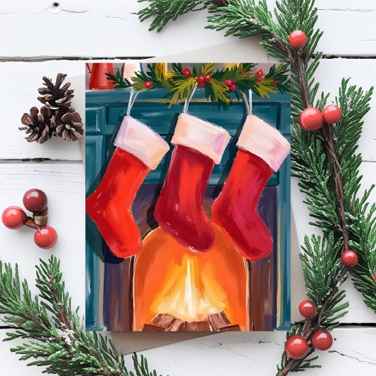 Red Christmas Stockings Fireplace Watercolor シーズンポストカード