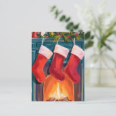 Red Christmas Stockings Fireplace Watercolor シーズンポストカード (スタンド正面)