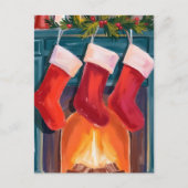 Red Christmas Stockings Fireplace Watercolor シーズンポストカード (正面)