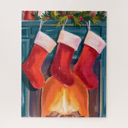 Red Christmas Stockings Fireplace Watercolor ジグソーパズル (縦)