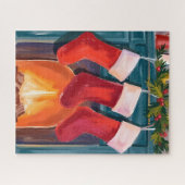 Red Christmas Stockings Fireplace Watercolor ジグソーパズル (横)