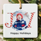 Red Christmas Stripes Photo Joy Typography セラミックオーナメント