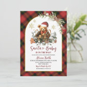 Red Christmas Tartan Cozy Santa Bear Baby Shower 招待状 (スタンド正面)