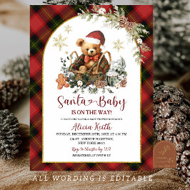 Red Christmas Tartan Cozy Santa Bear Baby Shower 招待状