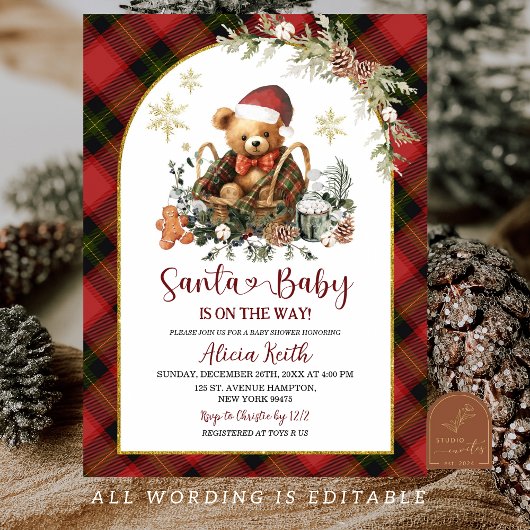 Red Christmas Tartan Cozy Santa Bear Baby Shower 招待状