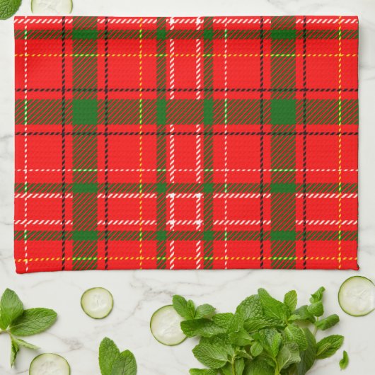 Red Christmas Tartan Plaid Pattern Design  キッチンタオル (折り畳み)
