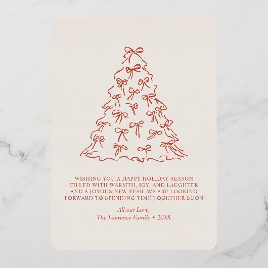 Red Christmas Tree Doodle Coquette Bow Gold 箔シーズンカード (裏面)