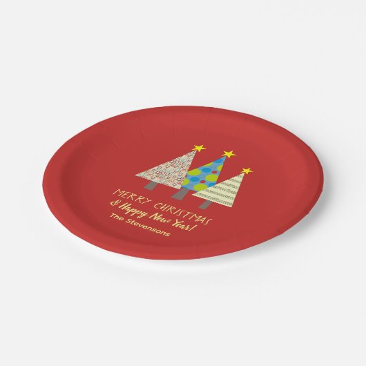 Red Christmas Tree Personalized  ペーパープレート (アングル)