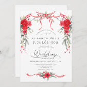 Red Christmas Winter Bow Coquette Ribbon Wedding 招待状 (正面/裏面)