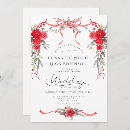 Red Christmas Winter Bow Coquette Ribbon  Wedding 招待状 (正面/裏面)