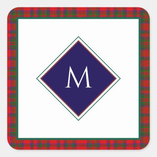 Red Christmas Wool Texture Plaid with Monogram スクエアシール (正面)