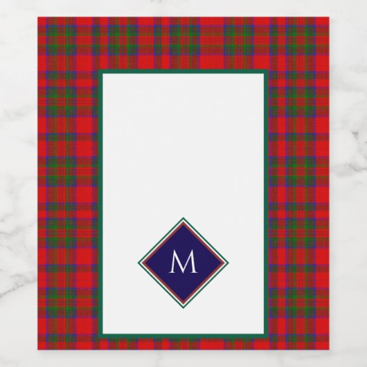 Red Christmas Wool Texture Plaid with Monogram ワインラベル (シングルラベル)