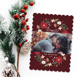 Red Christmas Wreath Floral Holiday Photo Card 招待状