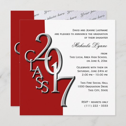Red Class of 2017写真卒業 招待状 (正面/裏面)