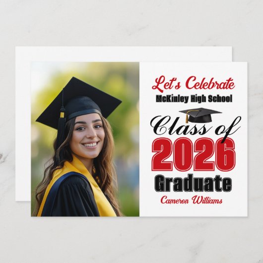 Red Class of 2026 Photo Graduation Party 招待状 (正面/裏面)