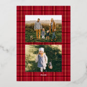 Red Classic Christmas Plaid Three Photo 箔シーズンカード (裏面)