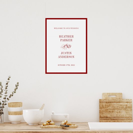 Red Classic Simple Minimalist Wedding Welcome ポスター (キッチン)
