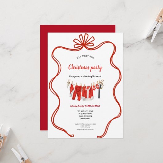 Red clothesline christmas invitation 招待状 (正面/裏面インサイチュ)