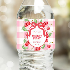 Red Coquette Bow Cherry First Birthday Party ペットボトルラベル