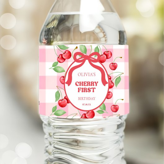 Red Coquette Bow Cherry First Birthday Party ペットボトルラベル