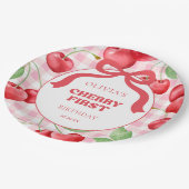 Red Coquette Bow Cherry First Birthday Party ペーパープレート (アングル)